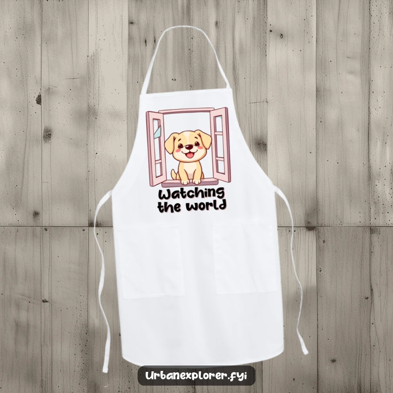 Funny Dog Apron: Dog peeking out of a broken window, adding humor and curiosity to kitchen tasks for aspiring chefs.