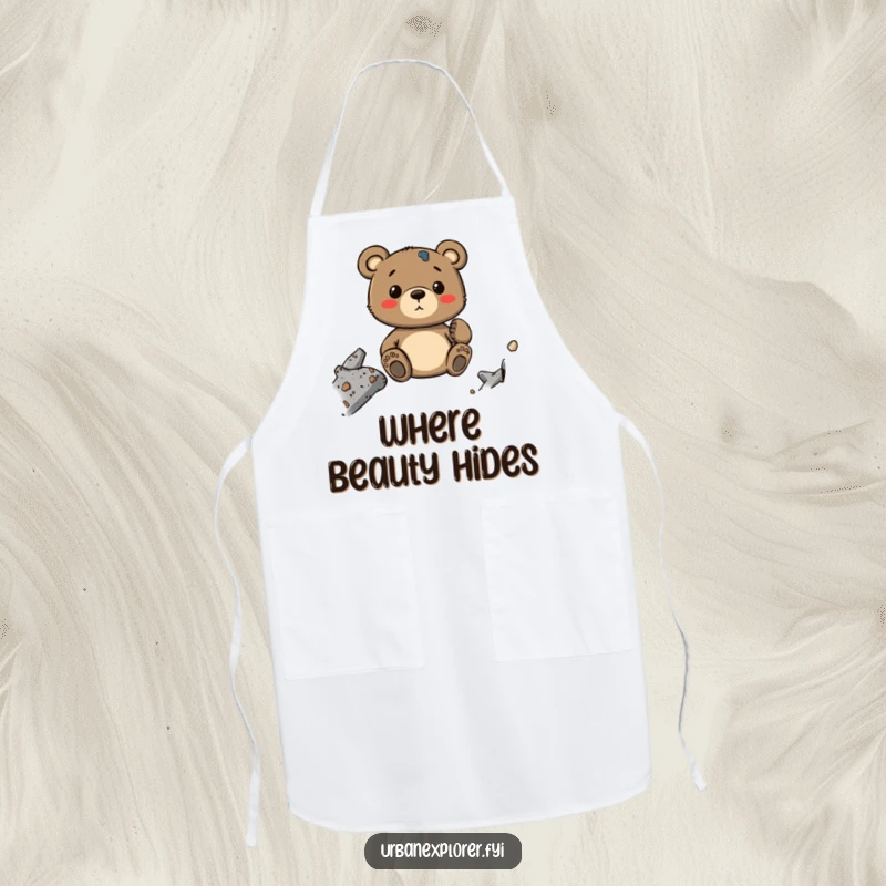 Funny Bear Apron: A whimsical cartoon bear wearing an apron, touching the textures of industrial decay, bringing kitchen humor.