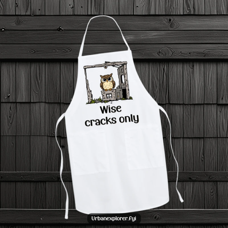 Funny goofy owl inside a derelict building on a kitchen apron, ready to serve up humor and delicious meals.