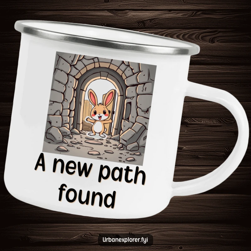 Funny Rabbit Camping Mug: A silly cartoon rabbit holding a mug, discovering a hidden doorway in an abandoned city during a hike.