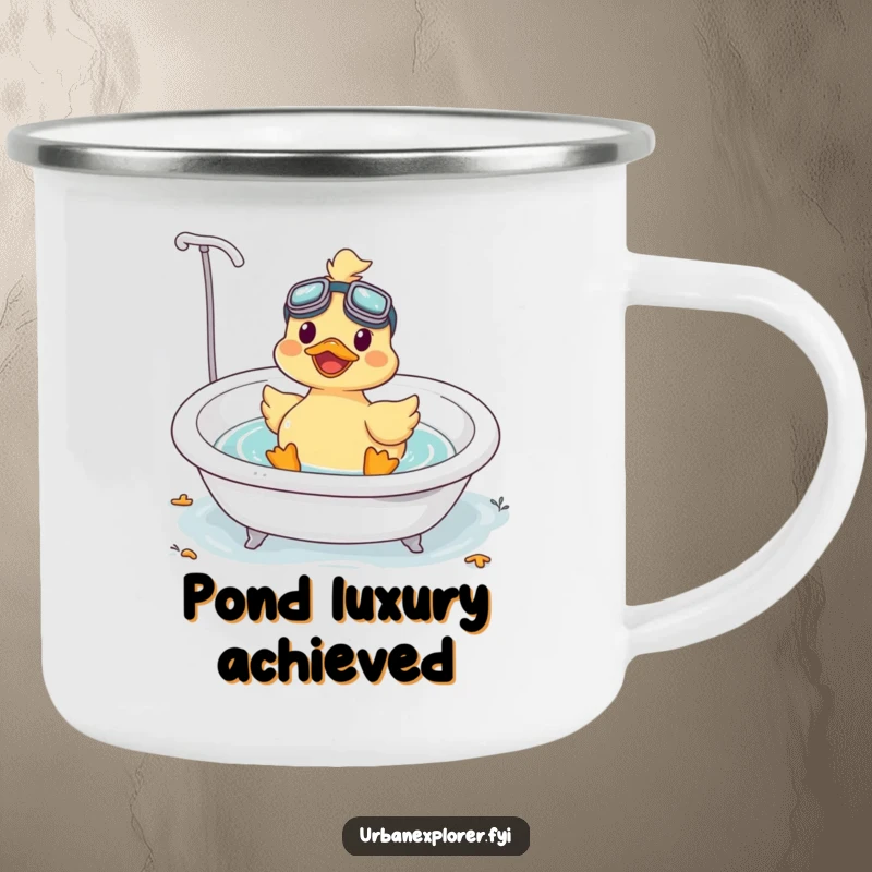 Funny Kawaii duck wearing goggles, floating in a bathtub, printed on a sturdy camping mug.