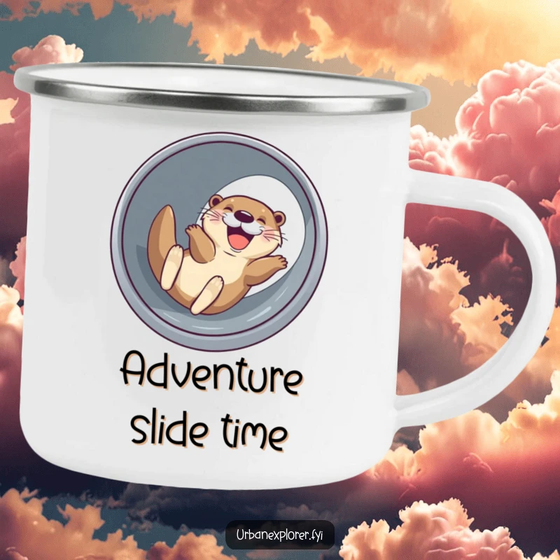 Funny joyful otter with a wide grin, sliding down a drainage pipe, a durable and humorous camping mug.