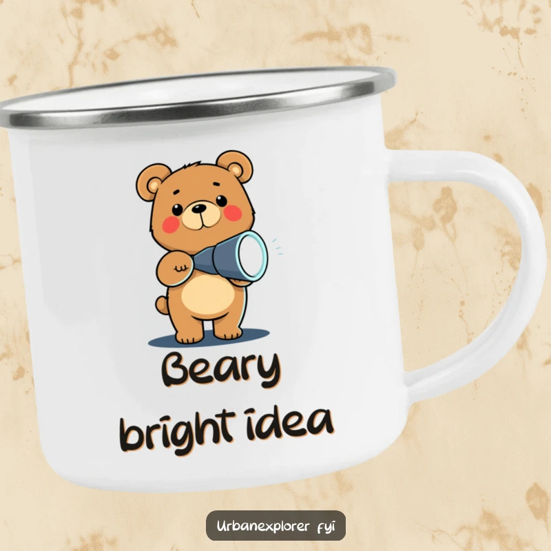 Funny Chibi bear with a flashlight on a camping mug, ready for nighttime adventures under the stars, bringing humor.