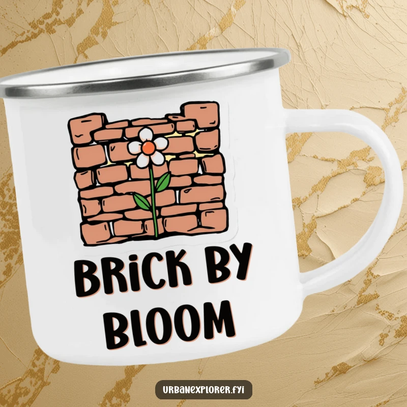 Funny minimalist drawing of crumbling brickwork with a flower on a camping mug, perfect for enjoying nature with humor.