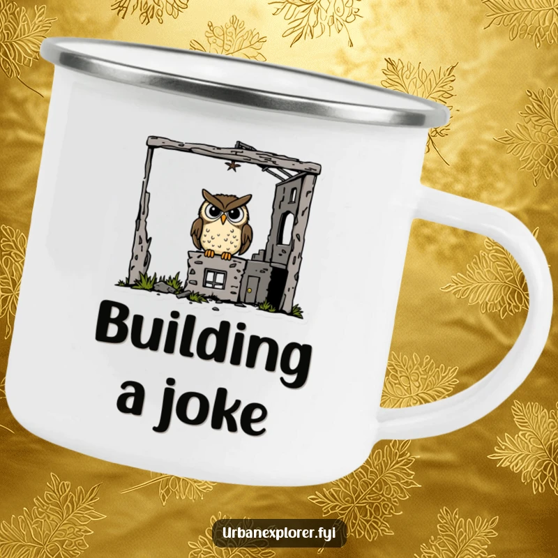 Funny goofy owl perched inside a derelict building on a camping mug, perfect for adding humor to outdoor adventures.