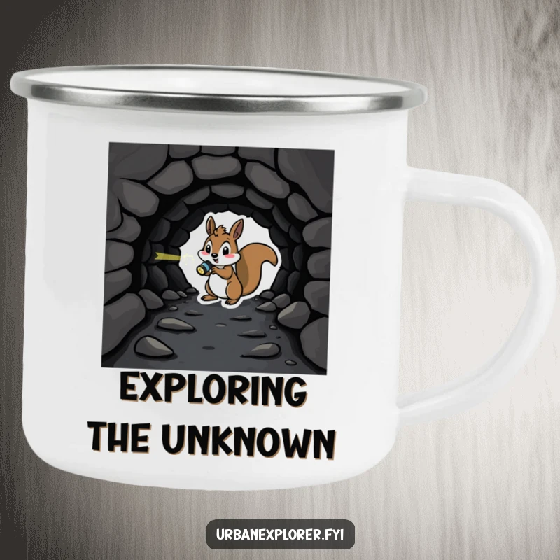 Playful squirrel with a flashlight investigating a dark tunnel sips from a camping mug, ready for adventure.