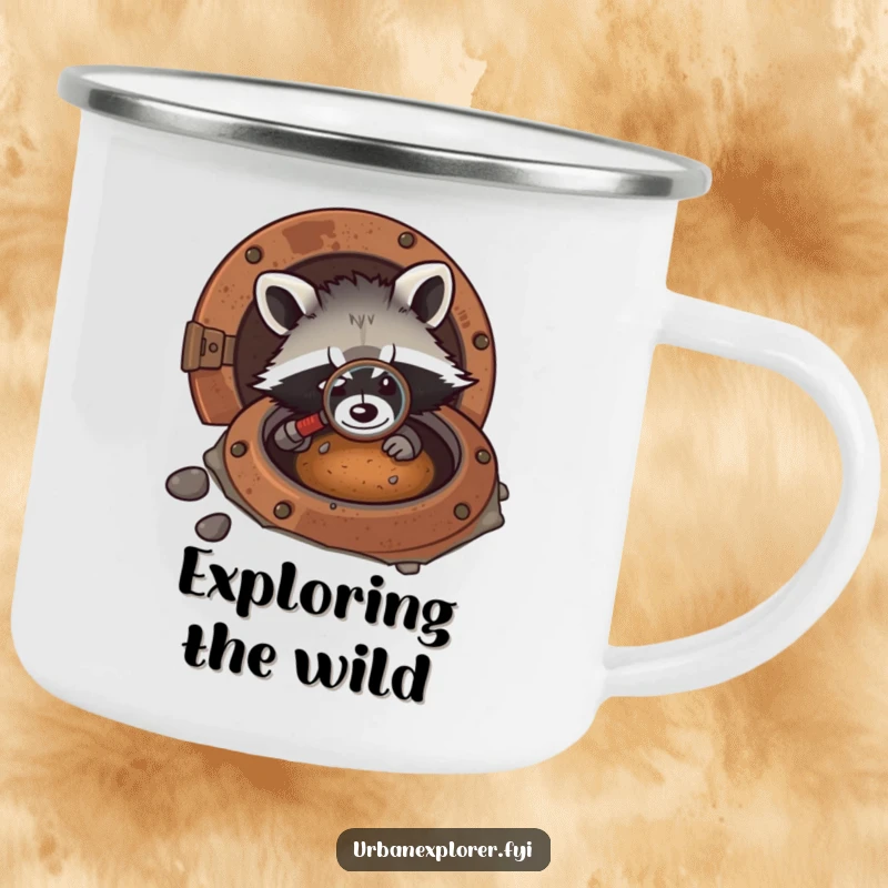Funny kawaii camping mug with a raccoon using a magnifying glass to investigate a rusty manhole, ready for outdoor discovery.