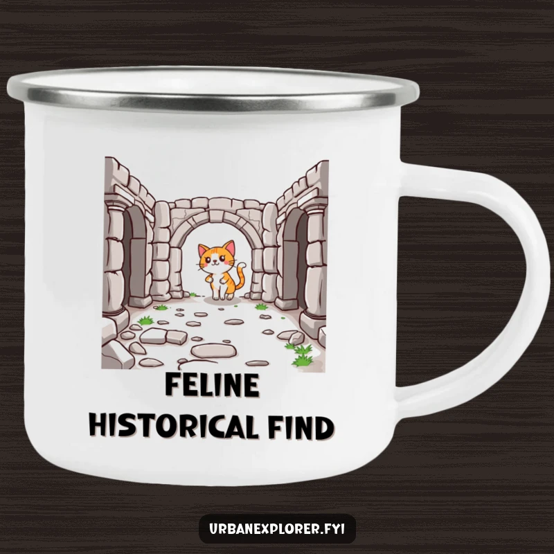 Funny Cat Camping Mug: A lighthearted cartoon cat holding a mug, exploring the ruins of a historical place during an outdoor adventure.