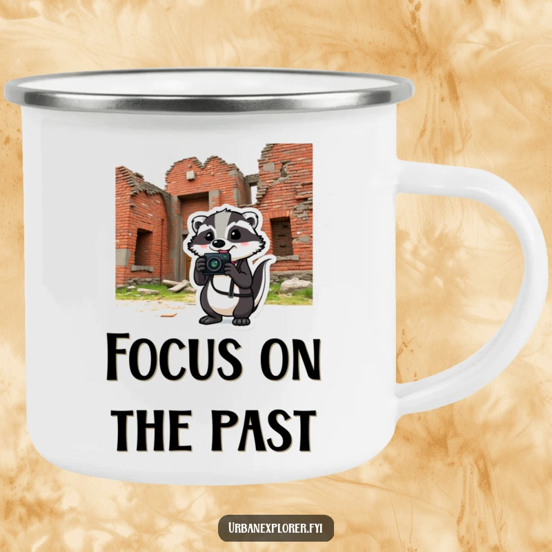 Comical badger holding a camera in front of a crumbling brick building sips from a camping mug, ready for adventure.