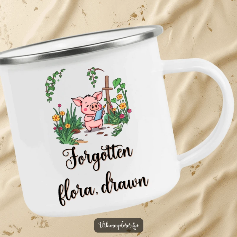 Funny Pig Camping Mug: A goofy cartoon pig holding a mug, sketching an overgrown garden during an outdoor adventure.