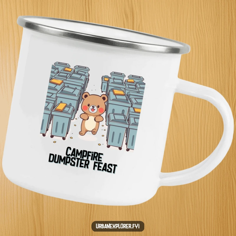 Funny bear bravely navigating a maze of dumpsters with delight, on a durable camping mug.