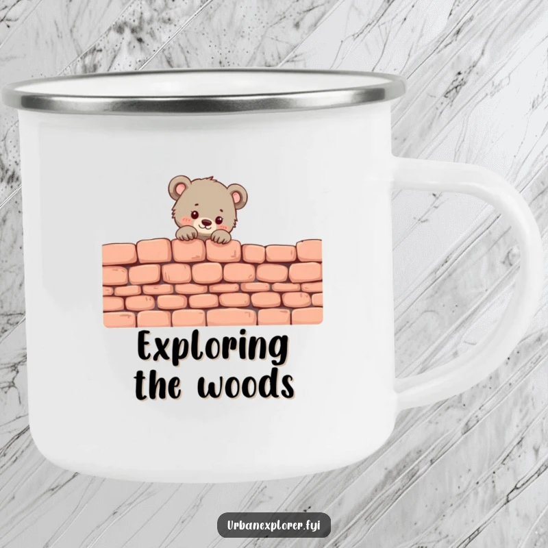 Funny Bear Cub Camping Mug: A tiny bear cub peeks over a brick wall, ready for outdoor exploration.