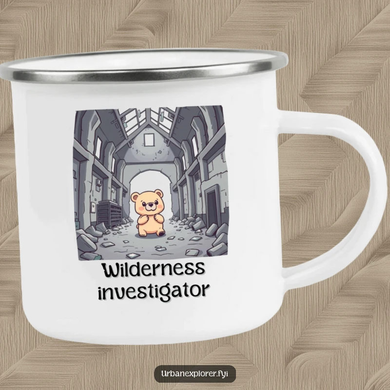 Funny brave bear investigating an abandoned warehouse, ears perked, on a sturdy camping mug.