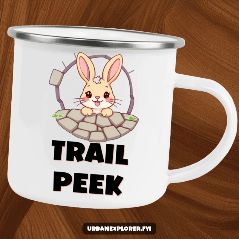 Funny bunny camping mug: a cheerful bunny peeking through a cracked pavement grate, perfect for curious campers and outdoor explorers.