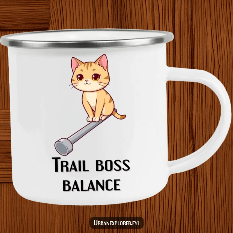 Funny camping mug featuring a determined cat balancing on a narrow pipe, ideal for outdoor enthusiasts seeking humor.
