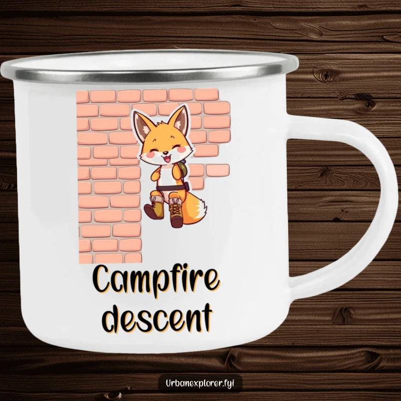 Funny fox camping mug: a smiling fox wearing tiny boots, rappelling down a brick wall, perfect for adventurous campers.