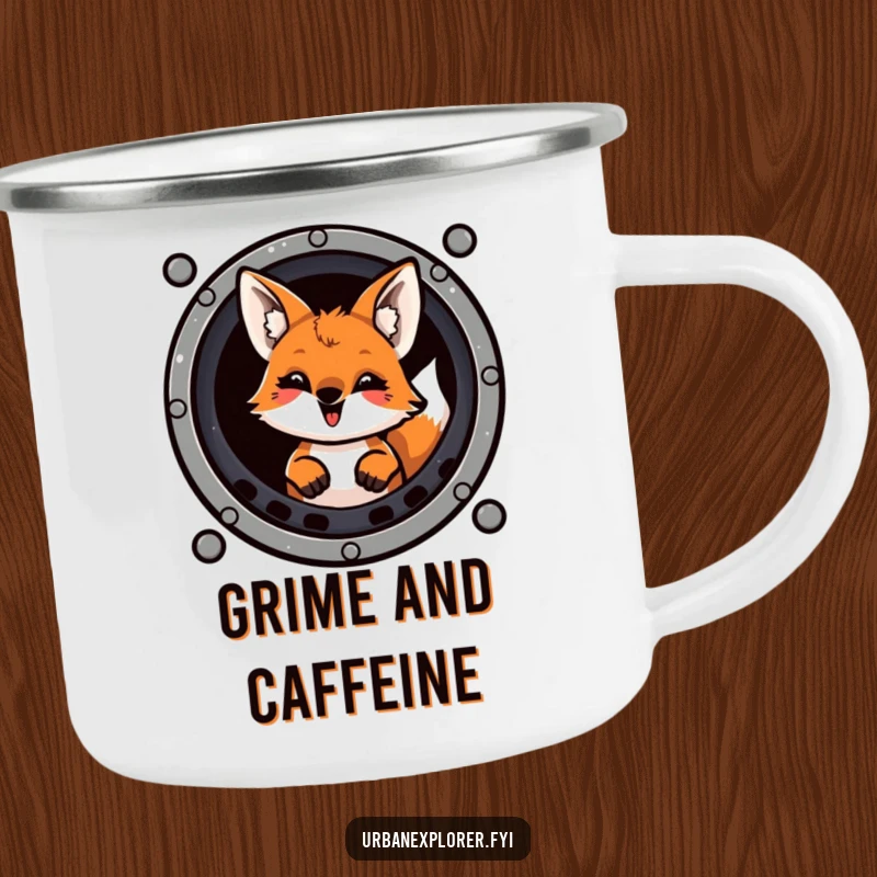 Funny mischievous fox with a playful grin peeking from a sewer grate, on a sturdy camping mug.
