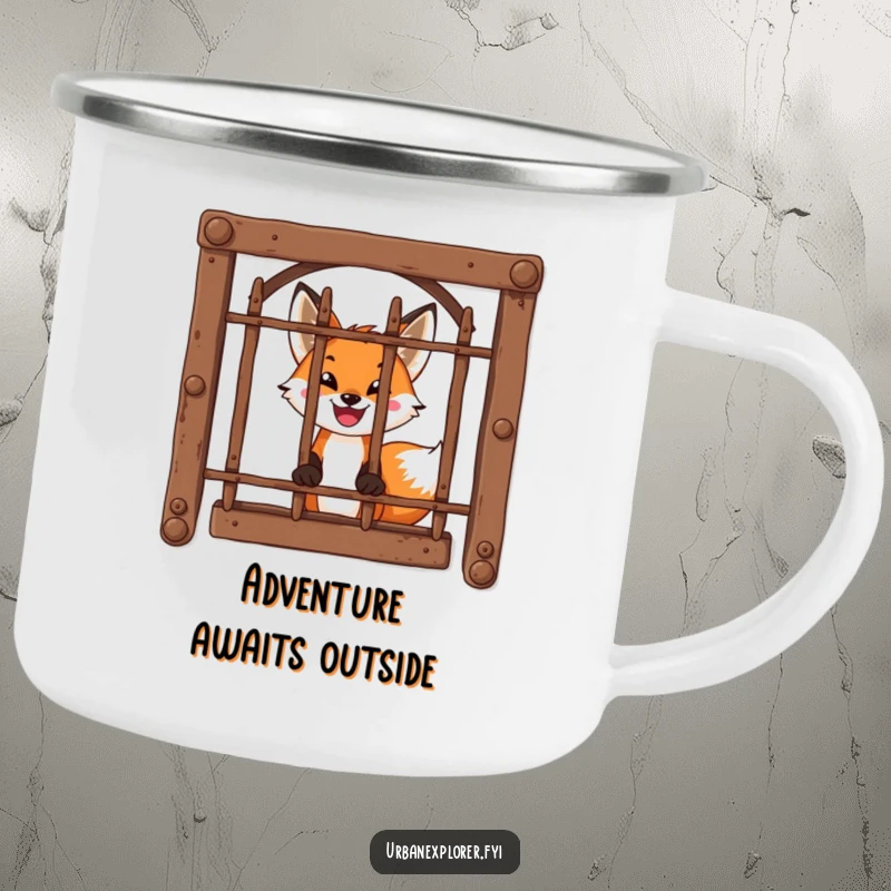 Funny Camping Mug: A brave fox peeks through a barred window, designed for adventurous sips and smiles.
