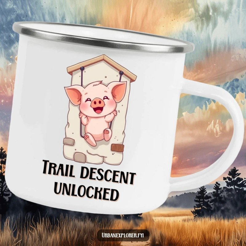 Funny camping mug showing a giggling piglet rappelling, designed for adventurers who appreciate humor and durability.