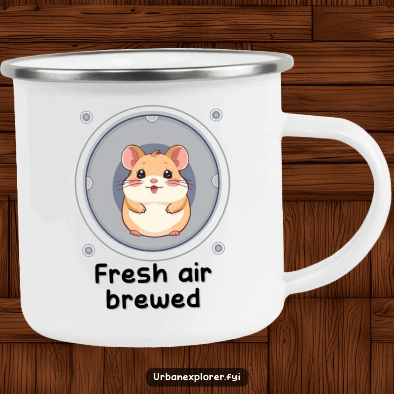 Funny, cheerful hamster peeking from a ventilation shaft, on a durable camping mug.