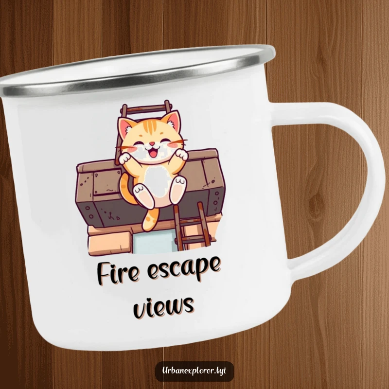 Funny Kawaii cat camping mug featuring a cat swinging from a fire escape ladder, ideal for urban adventures.