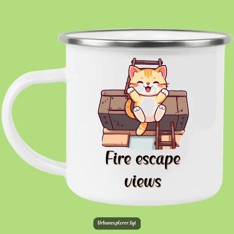 Funny Kawaii Cat Fire Escape Camping Mug: Urban Explorer, Outdoor Cat Gift