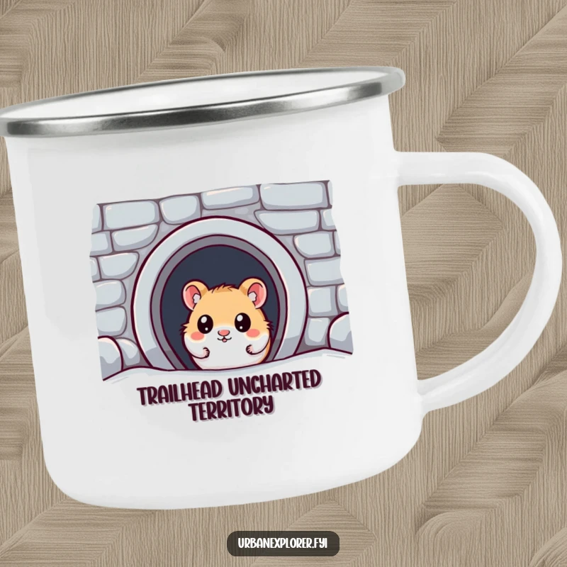 Funny Kawaii Hamster Camping Mug: A wide-eyed kawaii hamster discovers a hidden subway entrance, bringing humorous discovery vibes outdoors.
