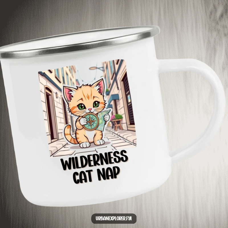Funny Kitten Camping Mug: Rugged mug with a kitten and compass on a city map, perfect for urban adventures, funny gift.
