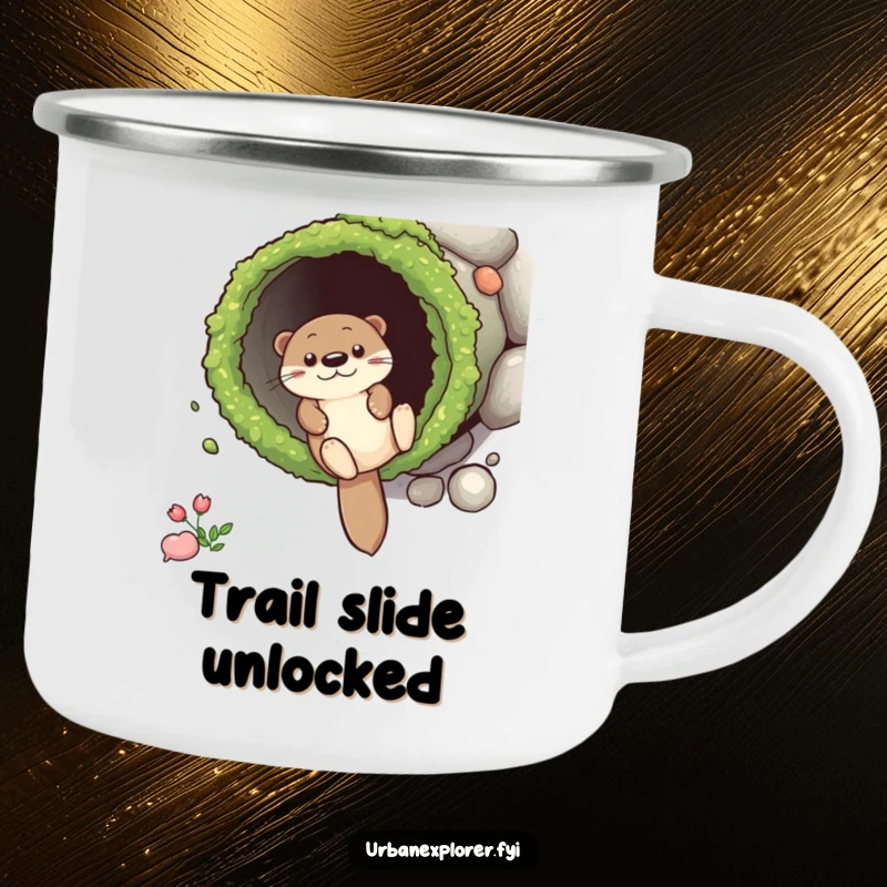 Funny Camping Mug showing a happy otter sliding down a mossy drainpipe, designed for durable, playful sipping during outdoor escapades.