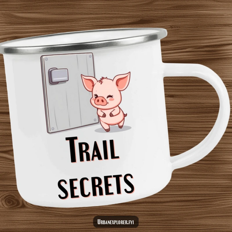 Funny Piglet Camping Mug: Piglet tiptoeing past a locked door with a wink, symbolizing mischief and outdoor exploration, perfect for camping trips.