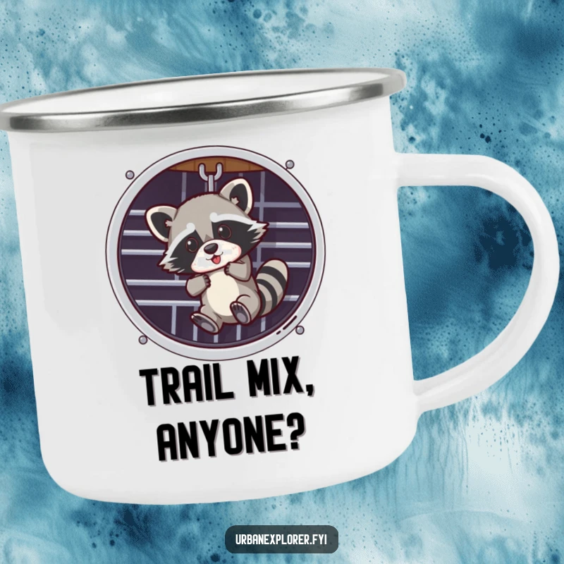 Funny, durable camping mug featuring a raccoon hanging from a ventilation grate, perfect for outdoor adventures.