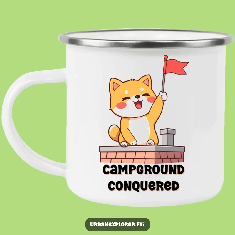 Funny Shiba Inu Flag Camping Mug: Delighted Explorer's Triumph, Perfect Outdoor Funny Gift