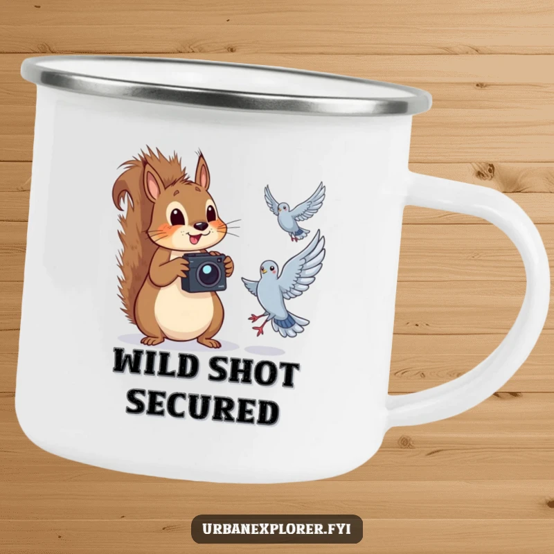 Funny squirrel with a camera, humorously capturing a pigeon mid-flight, on a rugged camping mug.