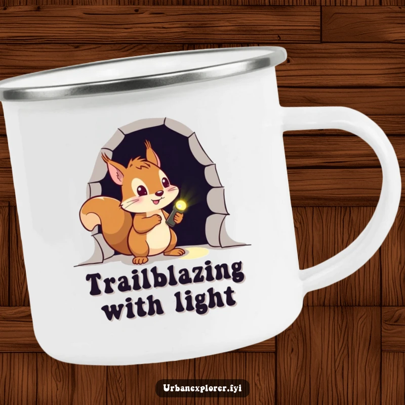 Funny squirrel camping mug featuring a brave explorer with a flashlight, setting out on an outdoor expedition.