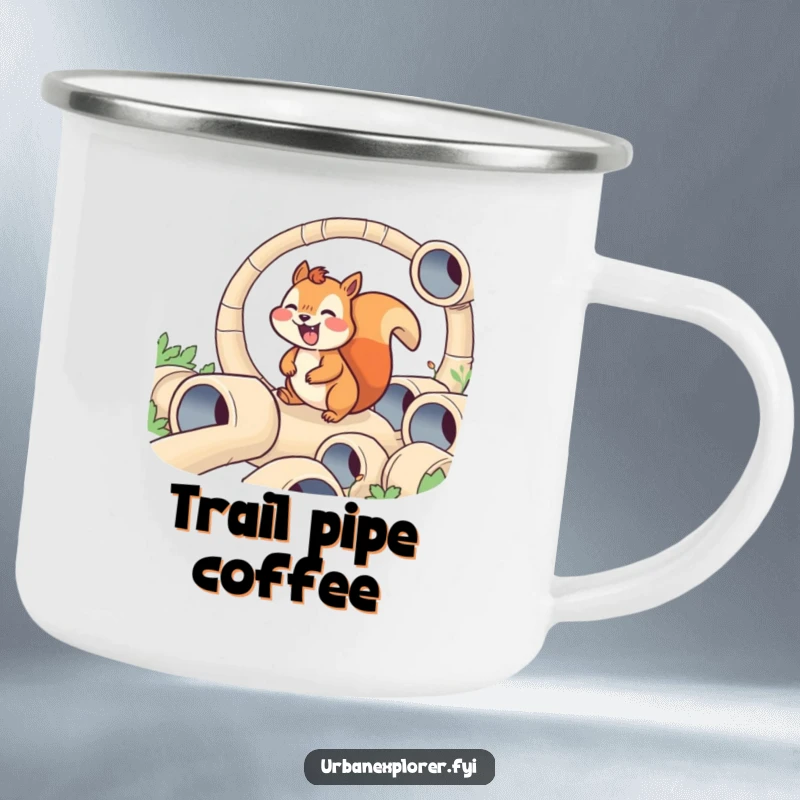 Funny camping mug showcasing a joyful squirrel navigating a maze of tiny pipes, perfect for outdoor enthusiasts with a sense of humor.