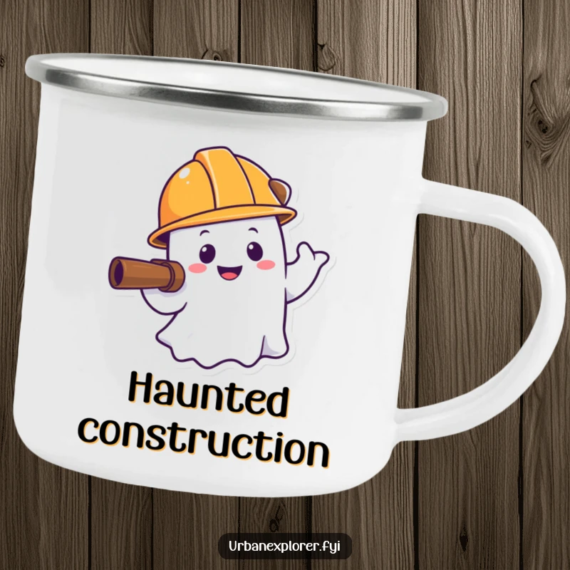 Funny ghost camping mug, enamel cup, hard hat explorer, cartoon character, humorous gift for camper.