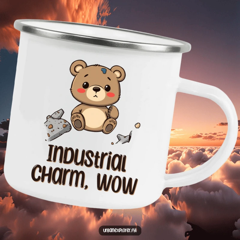 Funny Bear Camping Mug: A whimsical cartoon bear holding a mug, appreciating industrial decay textures during an outdoor adventure.