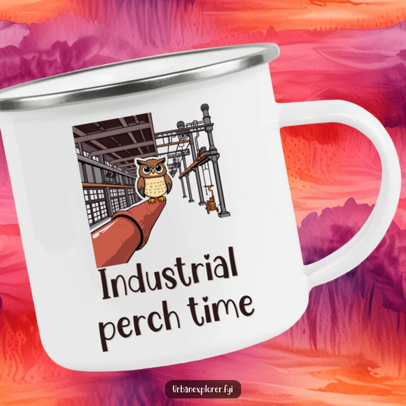 Cheerful owl perched on a rusty pipe in an industrial complex sips from a camping mug, ready to observe.