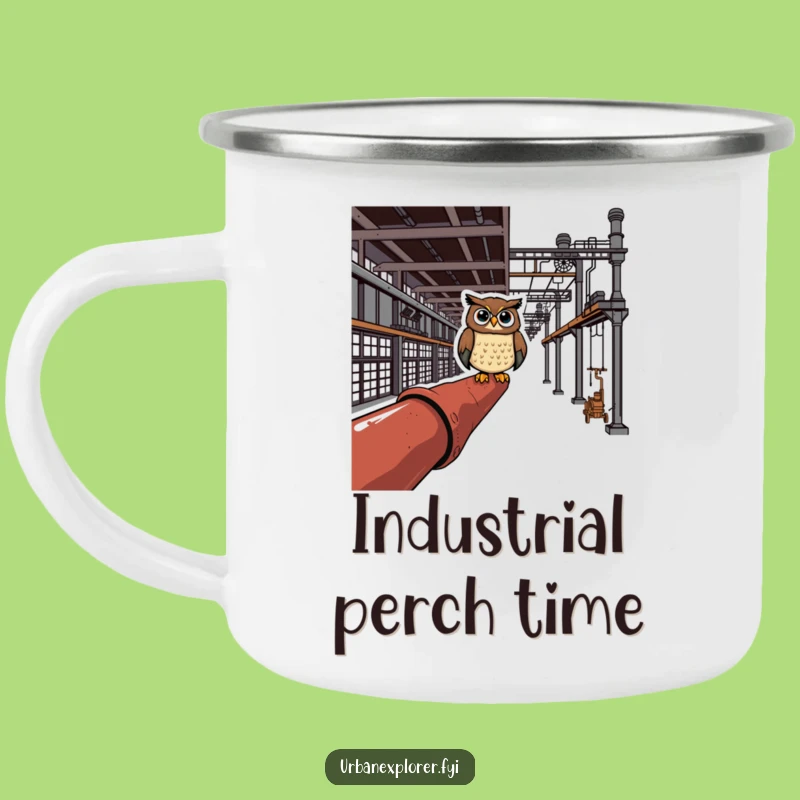 Funny Owl Rusty Pipe Camping Mug - Rugged Humor for Industrial Sites