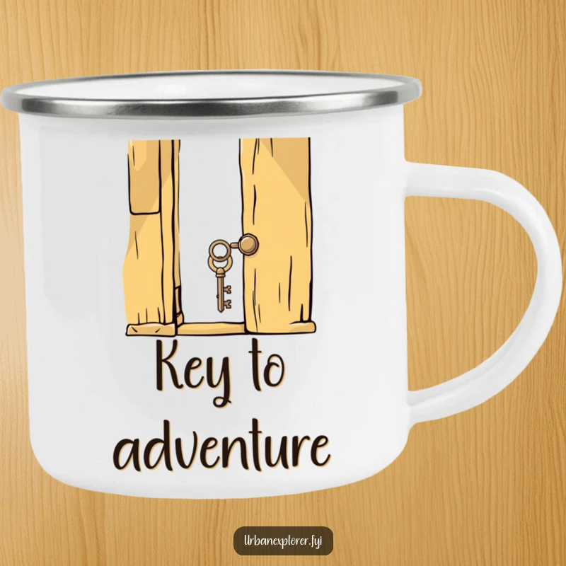 Funny whimsical key about to unlock a creaky, old door on a camping mug, perfect for outdoor storytelling and humor.