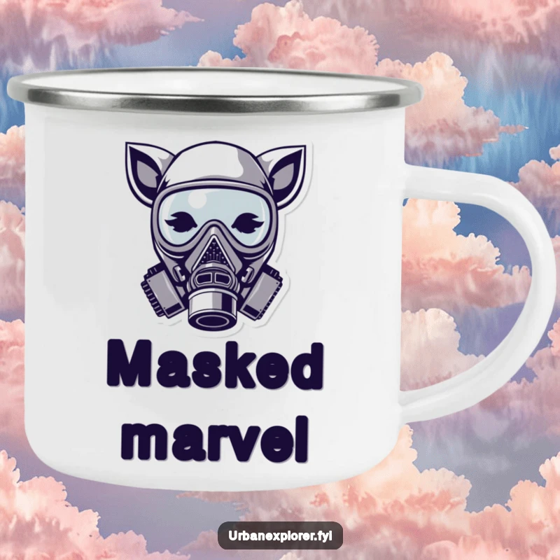 Funny gas mask camping mug, enamel cup, cute animal ears, stylized outdoor drinkware, gift for adventurer.