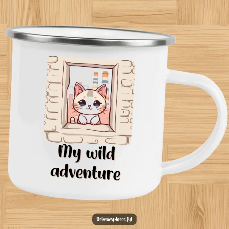 Funny kawaii cat peeking through a broken window of an old factory, on a sturdy camping mug, suitable for a funny gift.
