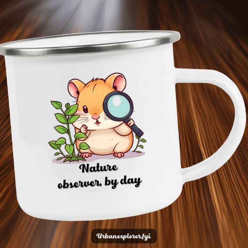 Funny hamster camping mug, a curious hamster with a magnifying glass, examining a tiny overgrown weed, an outdoor nature mug.