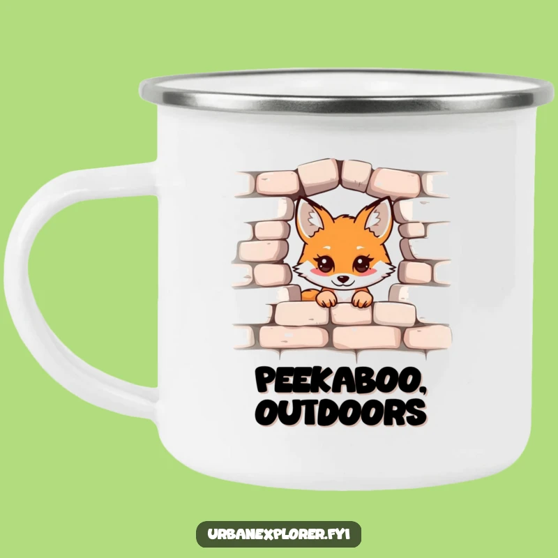 Funny Kawaii Fox Camping Mug: Durable Peek-a-Boo Brick Wall Enamel Mug, Perfect Funny Gift