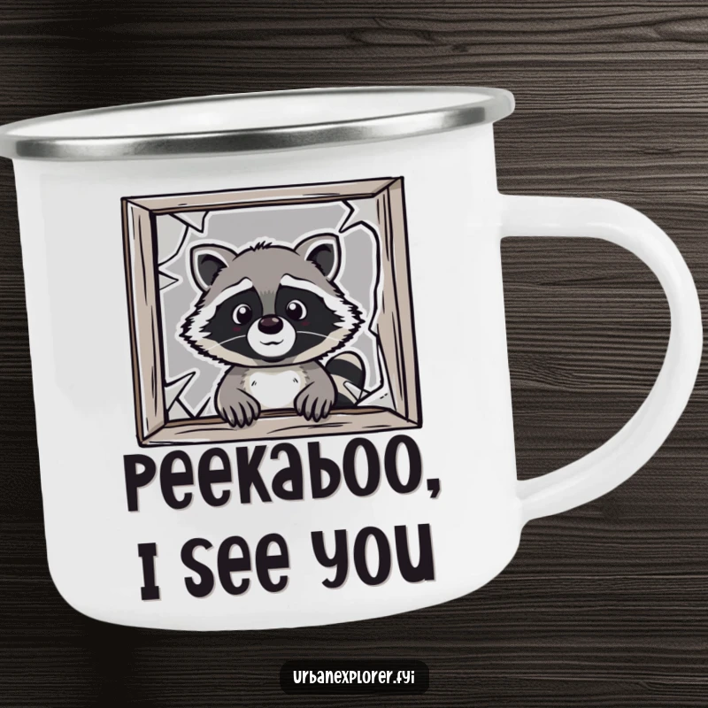 Funny raccoon camping mug, enamel mug, cartoon raccoon outdoors, humorous drinkware, gift for camper.