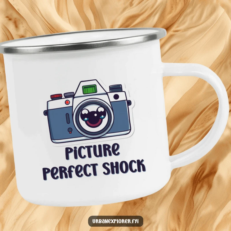 Funny retro camera with surprised cartoon eyes on a camping mug, perfect for capturing outdoor memories with humor.