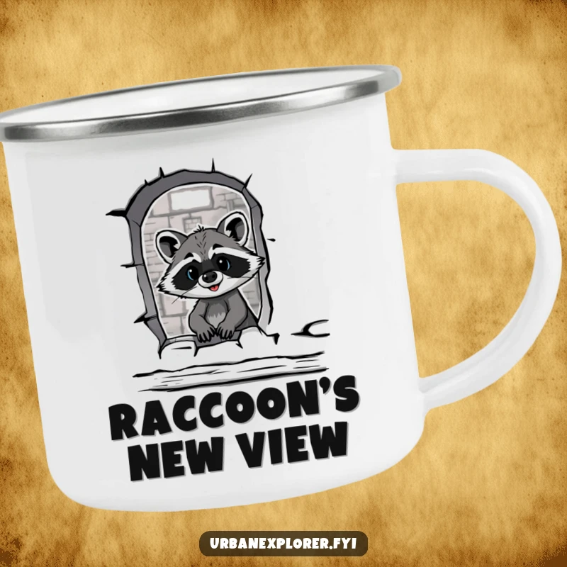Funny raccoon peeking through a broken warehouse window sips from a camping mug, ready for adventure.