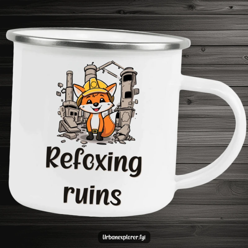 Funny fox in a hard hat sips from a camping mug, exploring a dilapidated factory during an outdoor adventure.
