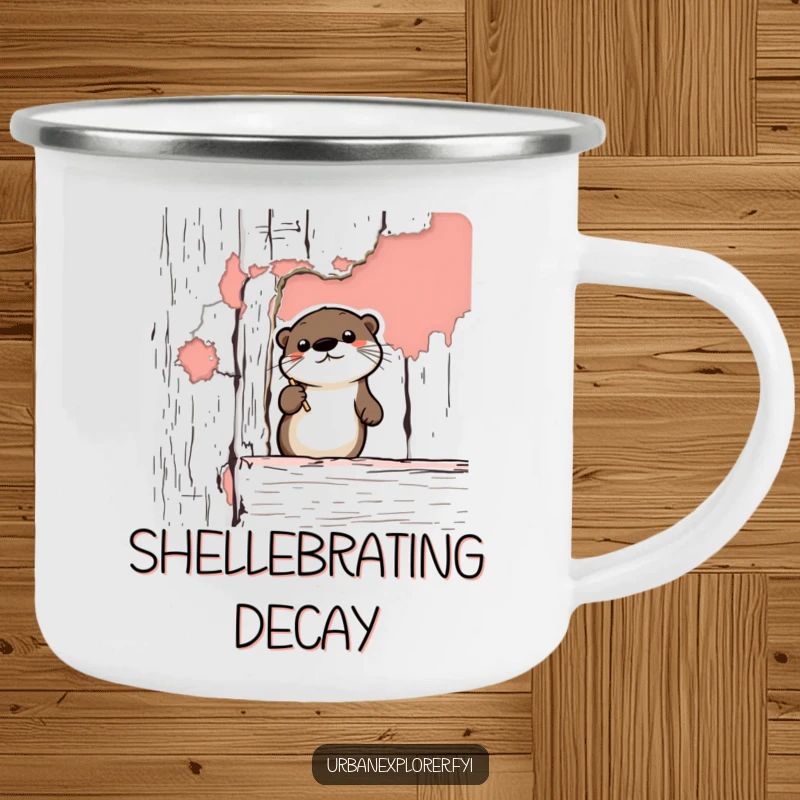 Funny Otter Camping Mug: A cute cartoon otter holding a mug, observing peeling paint on a vintage structure during an outdoor adventure.