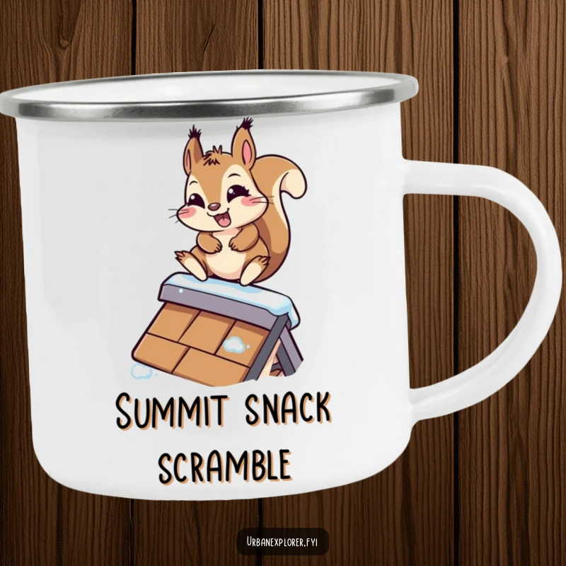 Funny Kawaii Squirrel Camping Mug: A cute squirrel slides down a rooftop, bringing determined, humorous vibes to your campfire.